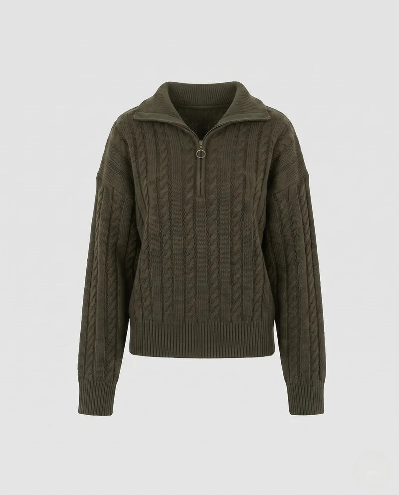 Damen Geflochtener Halbzip-Zopfstrickpullover mit Stehkragen Nord Taschen