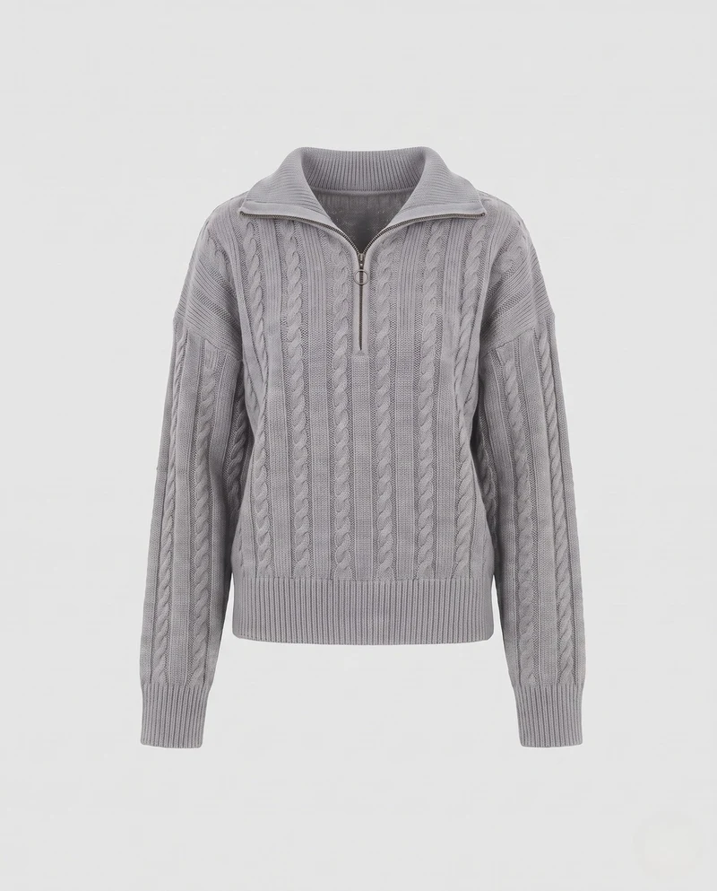 Damen Geflochtener Halbzip-Zopfstrickpullover mit Stehkragen Nord Taschen