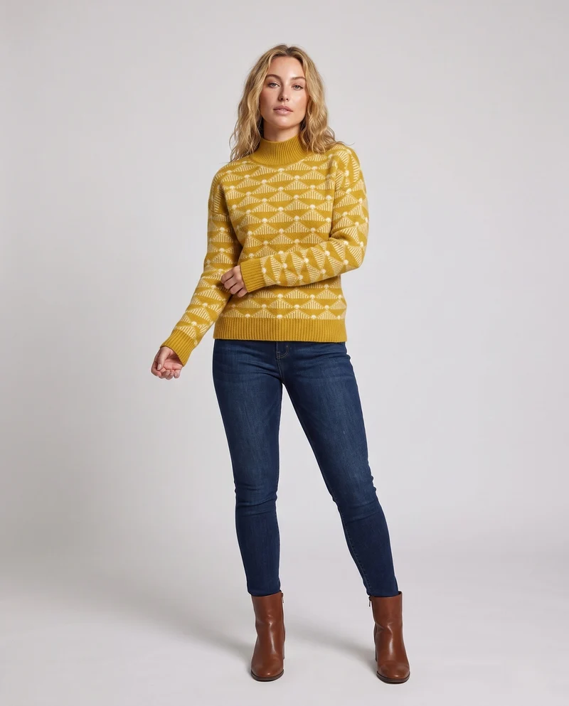 Damen Gemusterter Feinstrick-Mockneckpullover mit geometrischem Jacquard und kaschmirähnlicher Haptik Nord Taschen