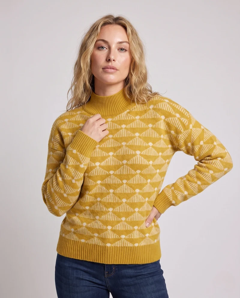 Damen Gemusterter Feinstrick-Mockneckpullover mit geometrischem Jacquard und kaschmirähnlicher Haptik Nord Taschen