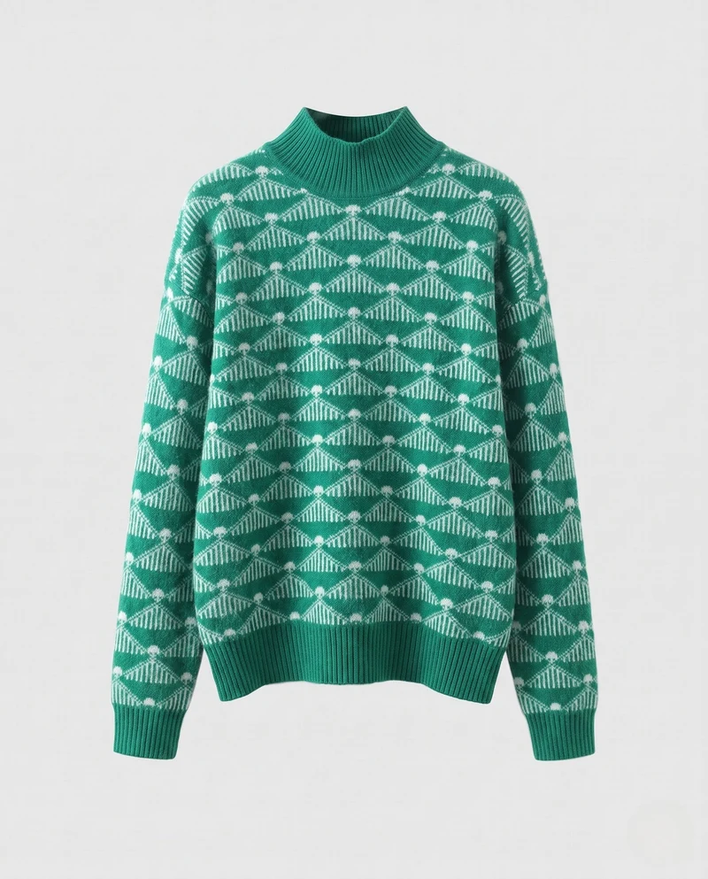 Damen Gemusterter Feinstrick-Mockneckpullover mit geometrischem Jacquard und kaschmirähnlicher Haptik Nord Taschen