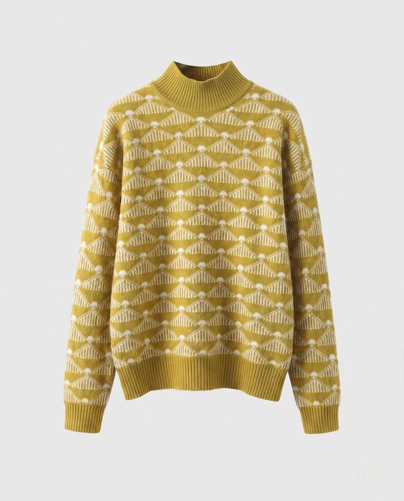 Damen Gemusterter Feinstrick-Mockneckpullover mit geometrischem Jacquard und kaschmirähnlicher Haptik Nord Taschen
