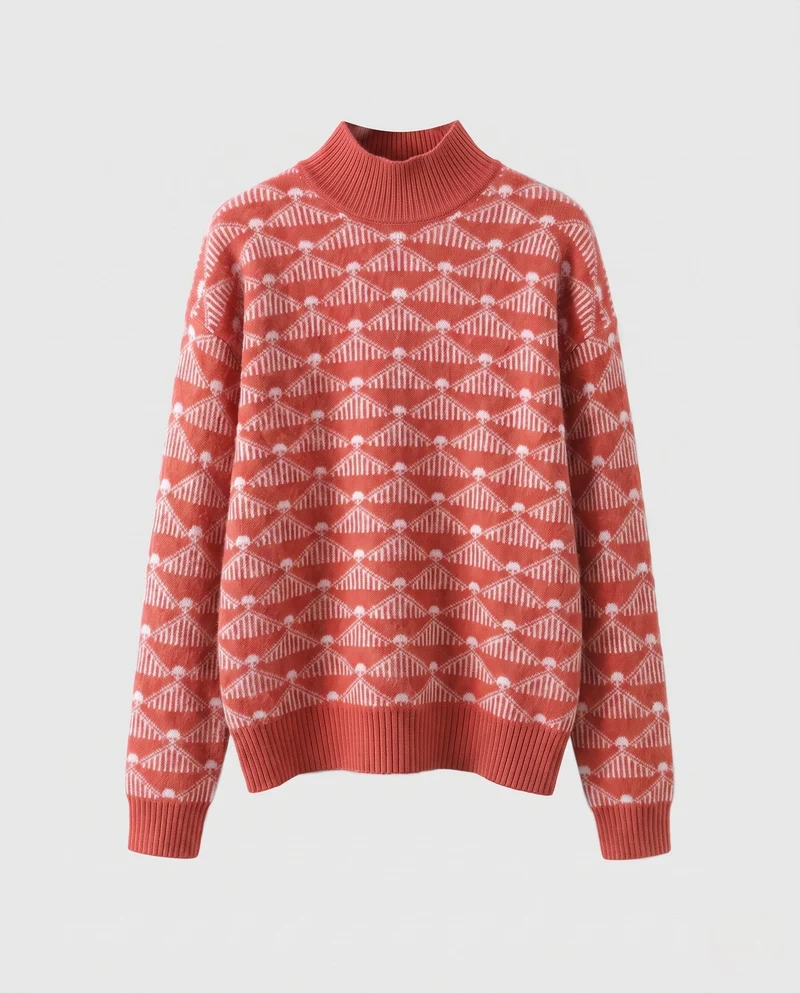 Damen Gemusterter Feinstrick-Mockneckpullover mit geometrischem Jacquard und kaschmirähnlicher Haptik Nord Taschen