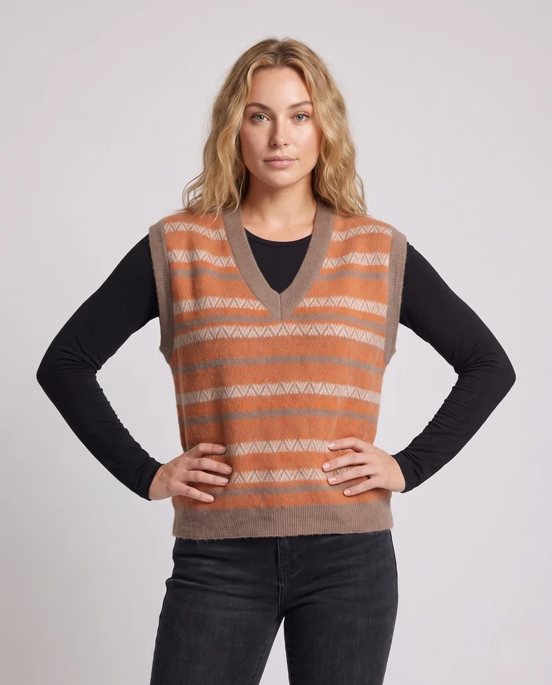 Damen Gemusterte Strickweste mit tiefem V‑Ausschnitt und Retro‑Jacquardstruktur Nord Taschen