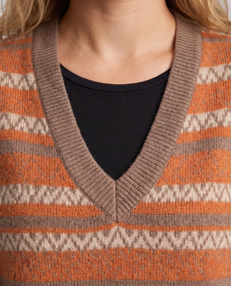 Damen Gemusterte Strickweste mit tiefem V‑Ausschnitt und Retro‑Jacquardstruktur Nord Taschen