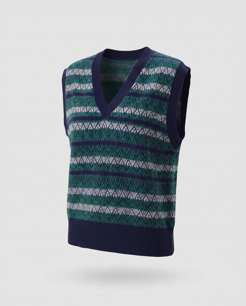 Damen Gemusterte Strickweste mit tiefem V‑Ausschnitt und Retro‑Jacquardstruktur Nord Taschen