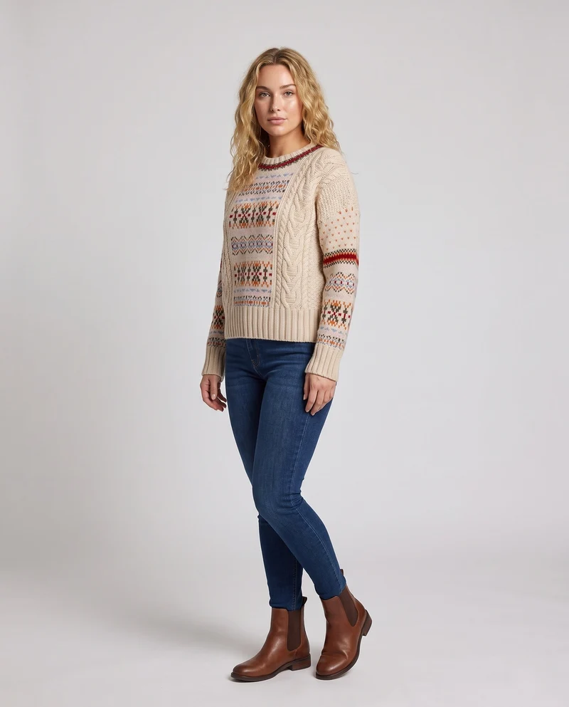Damen Gemusterter Oversize-Pullover mit Norweger-Motiv, Zopfmuster und weichem Mohair-Look Nord Taschen