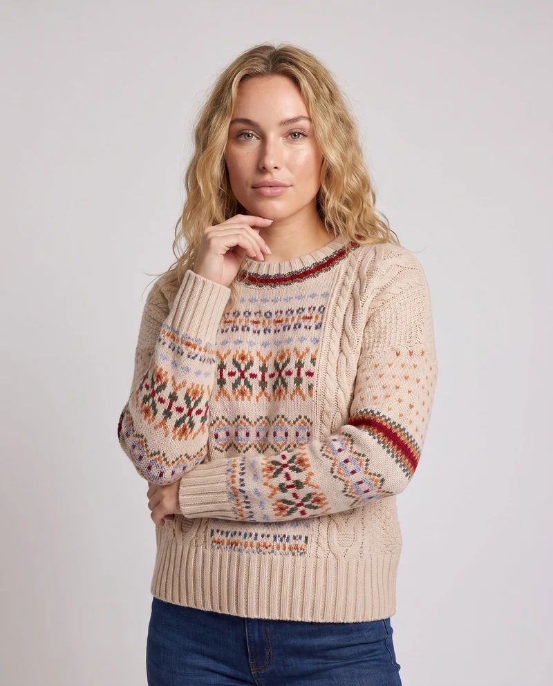 Damen Gemusterter Oversize-Pullover mit Norweger-Motiv, Zopfmuster und weichem Mohair-Look Nord Taschen