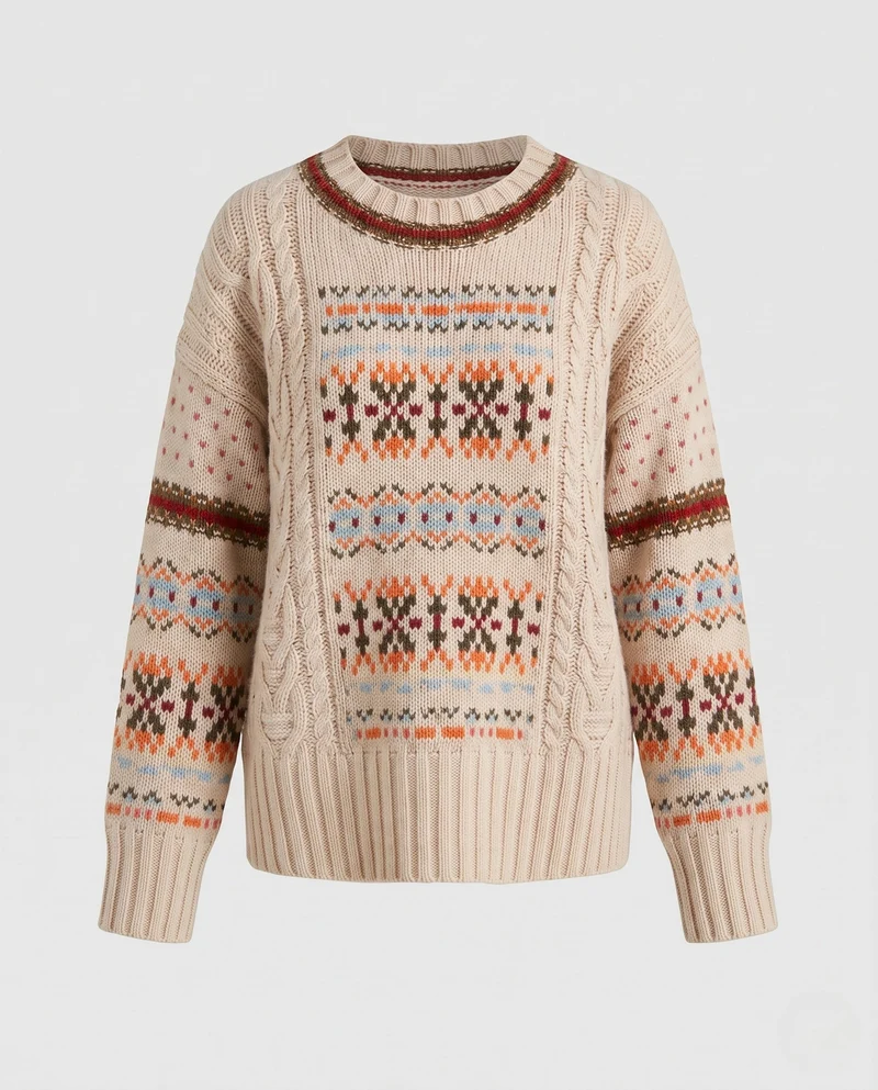 Damen Gemusterter Oversize-Pullover mit Norweger-Motiv, Zopfmuster und weichem Mohair-Look Nord Taschen