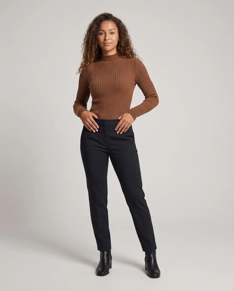 Damen Feinstrick Rippenpullover mit Rollkragen und figurnahem Schnitt Nord Taschen