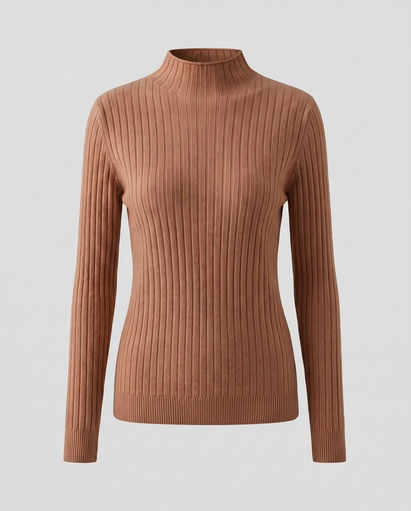 Damen Feinstrick Rippenpullover mit Rollkragen und figurnahem Schnitt Nord Taschen
