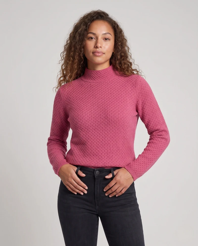 Damen Feinstrick-Pullover mit Wabenstruktur und kurzem Stehkragen Nord Taschen