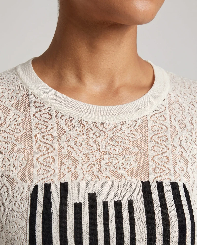 Damen Feinstrick-Pullover mit Rundhalsausschnitt, strukturierter Jacquard-Optik und grafischem Front-Print Nord Taschen