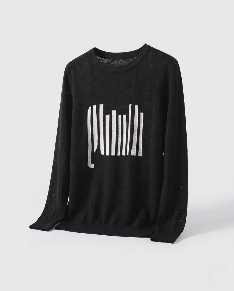 Damen Feinstrick-Pullover mit Rundhalsausschnitt, strukturierter Jacquard-Optik und grafischem Front-Print Nord Taschen