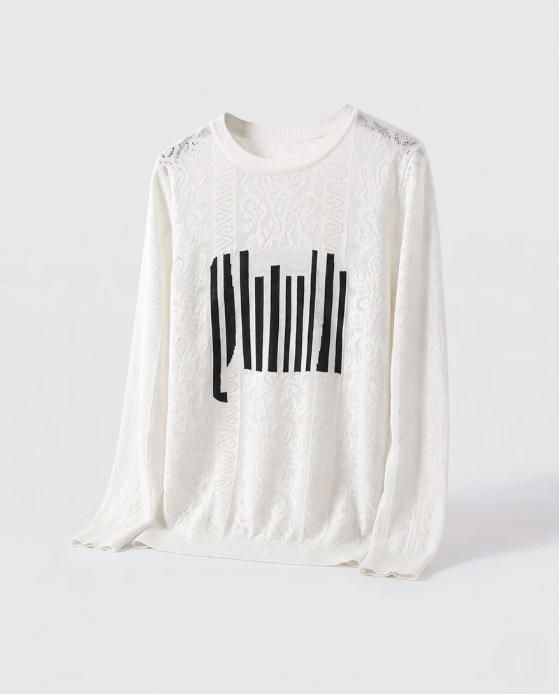 Damen Feinstrick-Pullover mit Rundhalsausschnitt, strukturierter Jacquard-Optik und grafischem Front-Print Nord Taschen