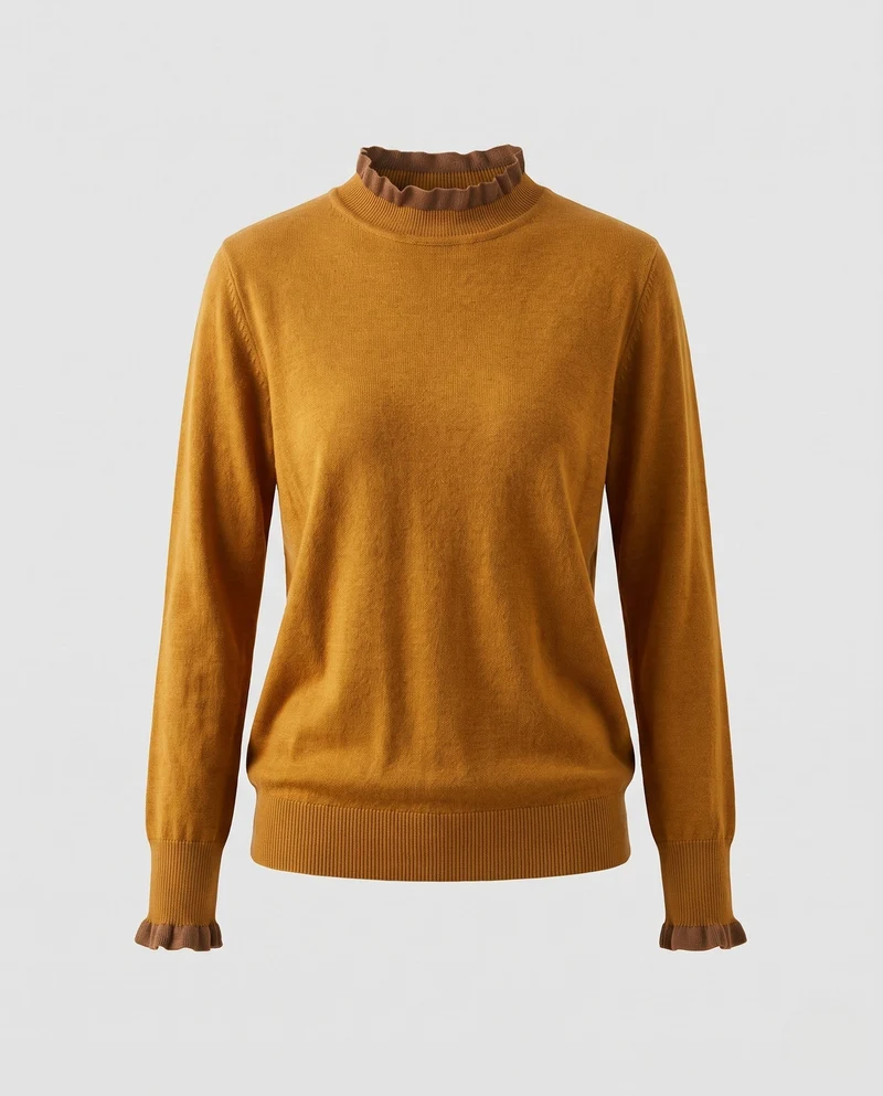 Damen Feinstrick-Pullover mit Rüschen-Stehkragen und feinen Bündchen Nord Taschen