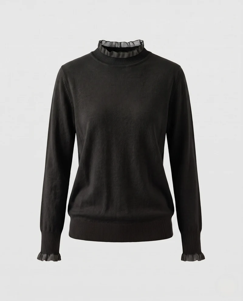 Damen Feinstrick-Pullover mit Rüschen-Stehkragen und feinen Bündchen Nord Taschen