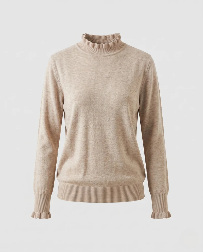 Damen Feinstrick-Pullover mit Rüschen-Stehkragen und feinen Bündchen Nord Taschen