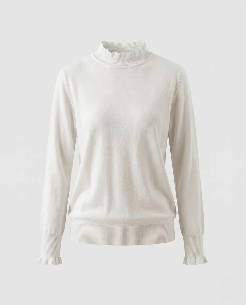 Damen Feinstrick-Pullover mit Rüschen-Stehkragen und feinen Bündchen Nord Taschen