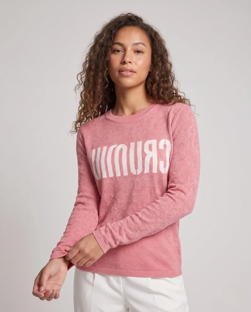 Damen Feinstrick-Pullover mit Rundhalsausschnitt, Jacquardstruktur und Logo-Front Nord Taschen