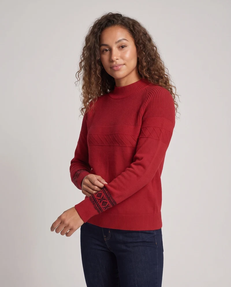 Damen Feinstrick-Pullover mit kurzem Stehkragen, strukturierter Passe und Norweger-Motiv am Ärmelsaum Nord Taschen