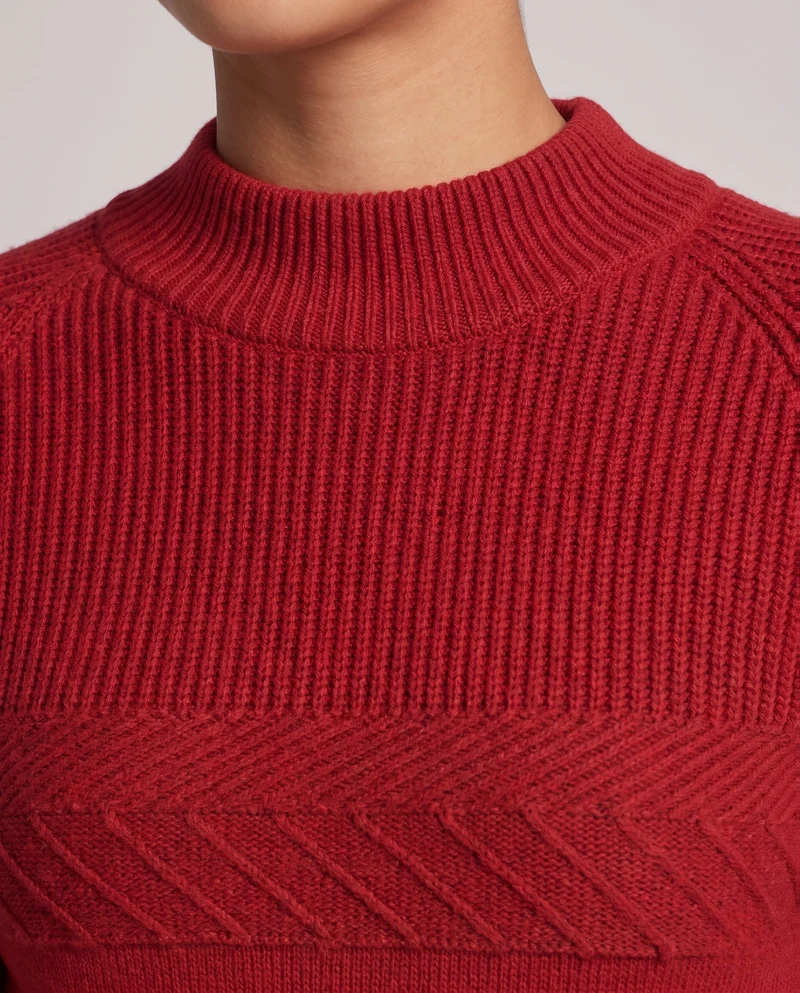 Damen Feinstrick-Pullover mit kurzem Stehkragen, strukturierter Passe und Norweger-Motiv am Ärmelsaum Nord Taschen