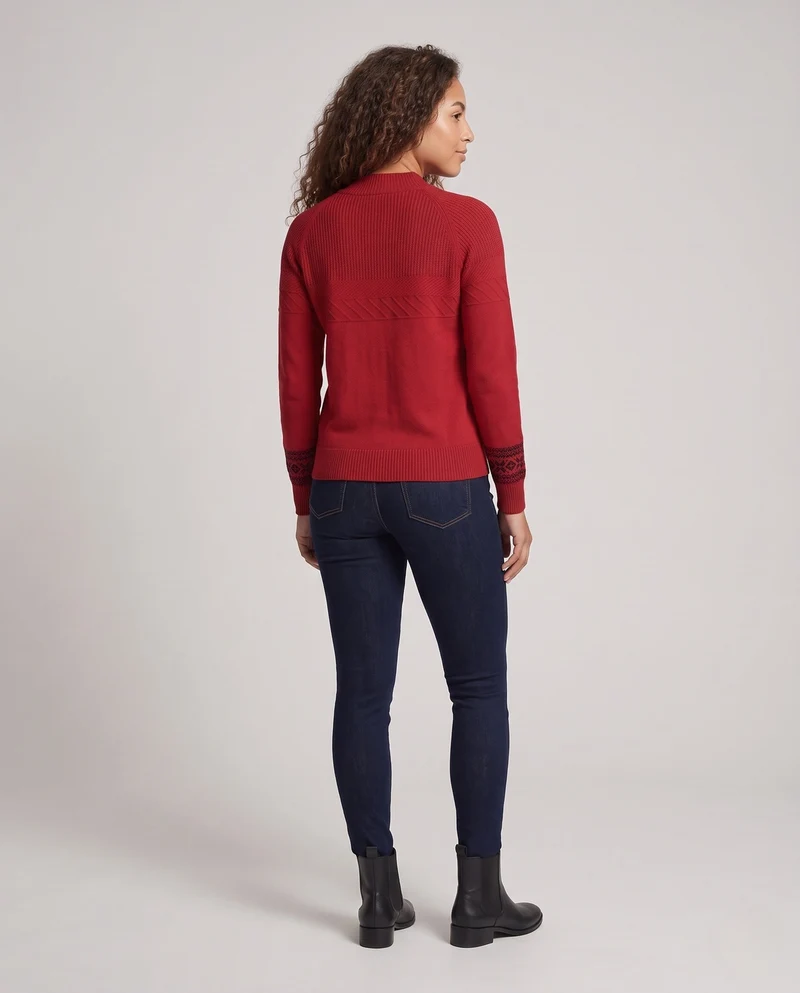 Damen Feinstrick-Pullover mit kurzem Stehkragen, strukturierter Passe und Norweger-Motiv am Ärmelsaum Nord Taschen