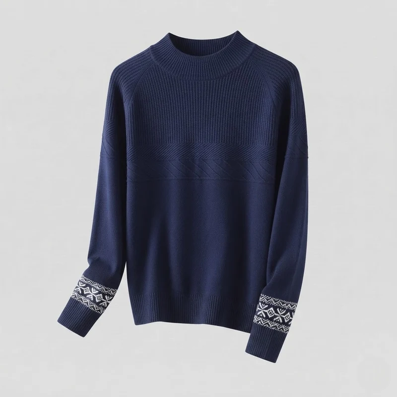 Damen Feinstrick-Pullover mit kurzem Stehkragen, strukturierter Passe und Norweger-Motiv am Ärmelsaum Nord Taschen