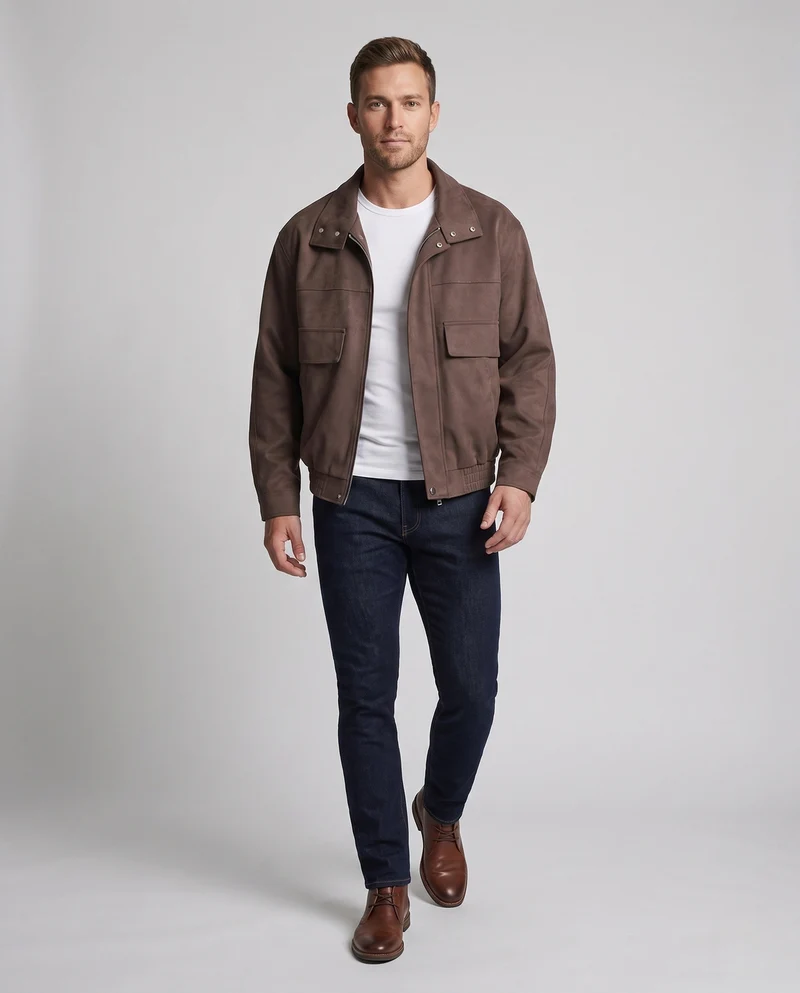 Herren Veloursleder‑Optik Overshirt‑Bomberjacke mit Pattentaschen Nord Taschen