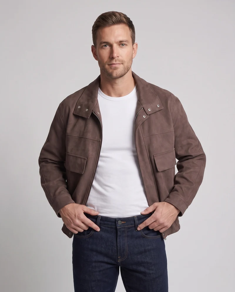 Herren Veloursleder‑Optik Overshirt‑Bomberjacke mit Pattentaschen Nord Taschen