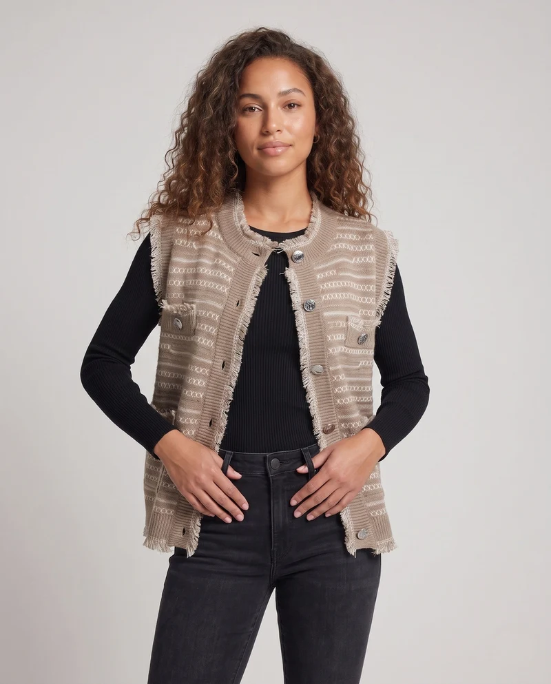 Damen Ärmellose Jacquard-Strickweste mit Knopfleiste, Fransen und aufgesetzten Taschen Nord Taschen