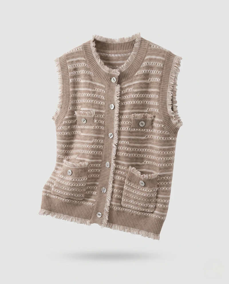 Damen Ärmellose Jacquard-Strickweste mit Knopfleiste, Fransen und aufgesetzten Taschen Nord Taschen