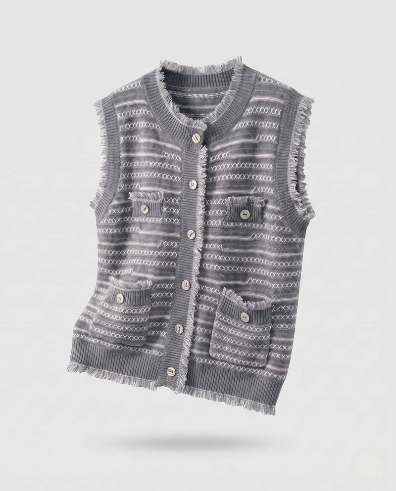 Damen Ärmellose Jacquard-Strickweste mit Knopfleiste, Fransen und aufgesetzten Taschen Nord Taschen