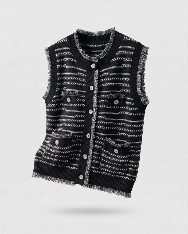 Damen Ärmellose Jacquard-Strickweste mit Knopfleiste, Fransen und aufgesetzten Taschen Nord Taschen