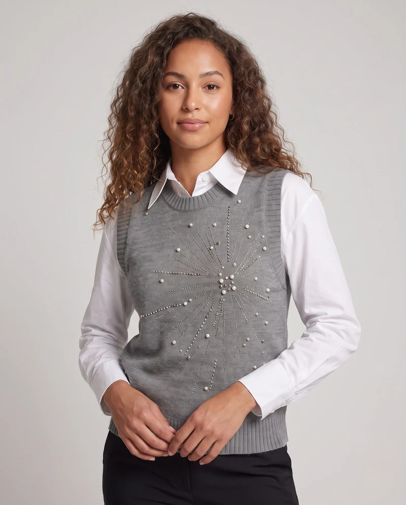 Damen Ärmellose Feinstrickweste mit Perlen- und Strass-Sonnenmotiv Nord Taschen