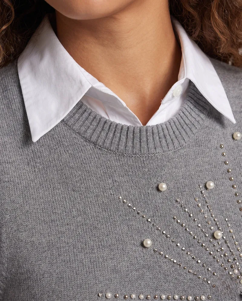 Damen Ärmellose Feinstrickweste mit Perlen- und Strass-Sonnenmotiv Nord Taschen