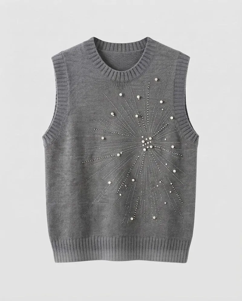 Damen Ärmellose Feinstrickweste mit Perlen- und Strass-Sonnenmotiv Nord Taschen