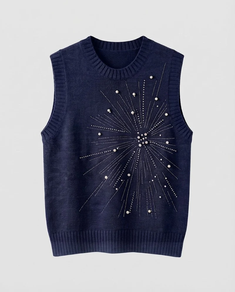 Damen Ärmellose Feinstrickweste mit Perlen- und Strass-Sonnenmotiv Nord Taschen