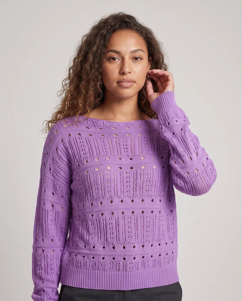 Damen Ajourstrick-Oversize-Pullover mit weitem Rundhalsausschnitt und flauschiger Haptik Nord Taschen