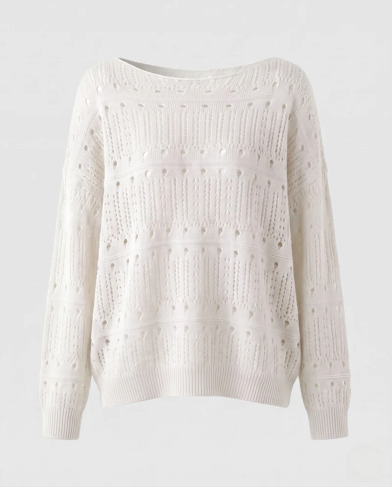 Damen Ajourstrick-Oversize-Pullover mit weitem Rundhalsausschnitt und flauschiger Haptik Nord Taschen