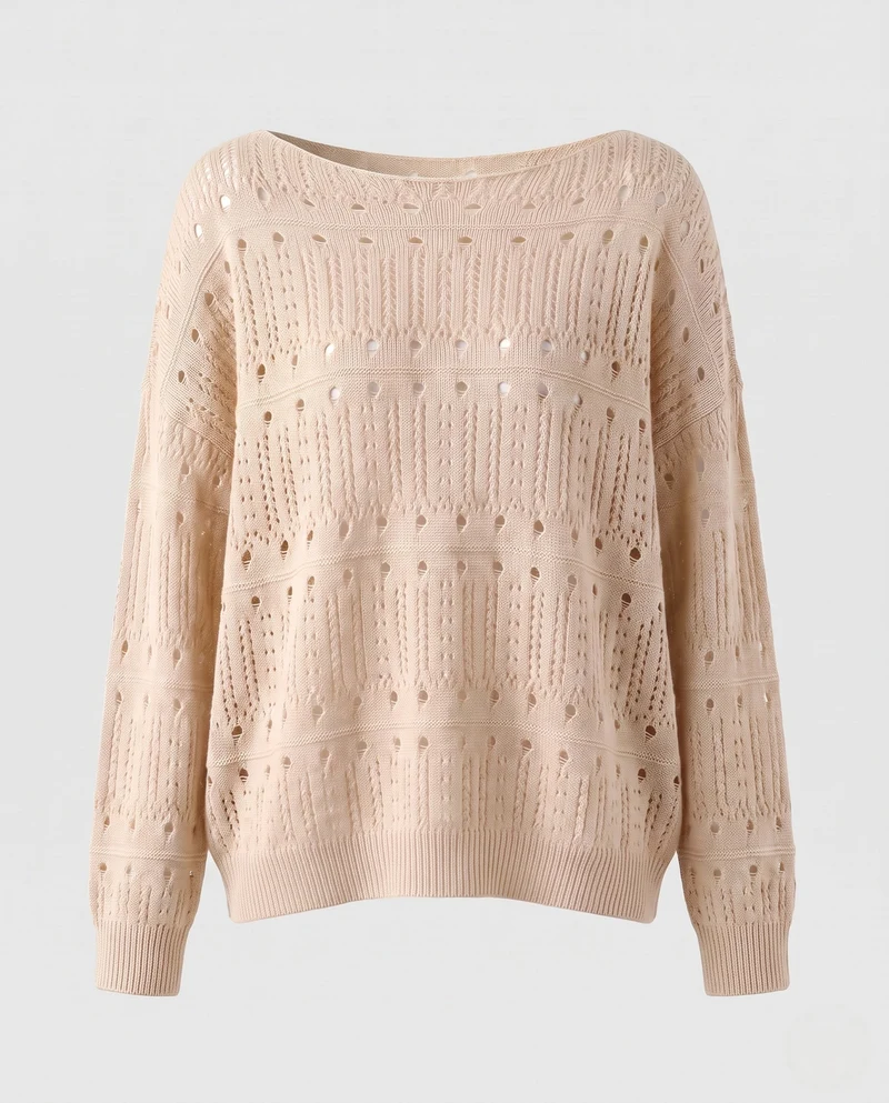 Damen Ajourstrick-Oversize-Pullover mit weitem Rundhalsausschnitt und flauschiger Haptik Nord Taschen