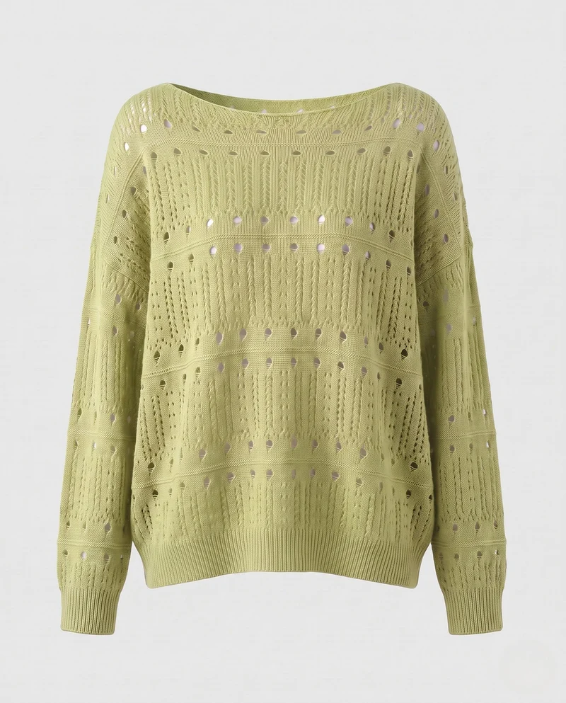 Damen Ajourstrick-Oversize-Pullover mit weitem Rundhalsausschnitt und flauschiger Haptik Nord Taschen