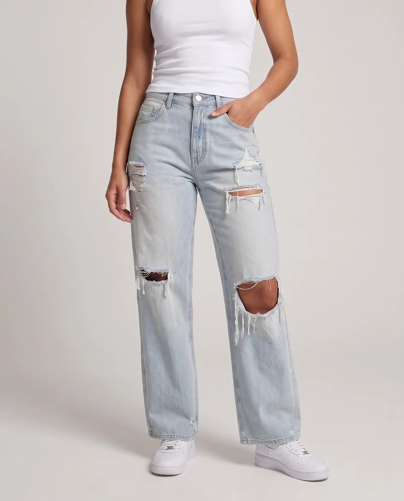 Damen Weite Distressed-Jeans mit hoher Taille und großen Rissen Nord Taschen