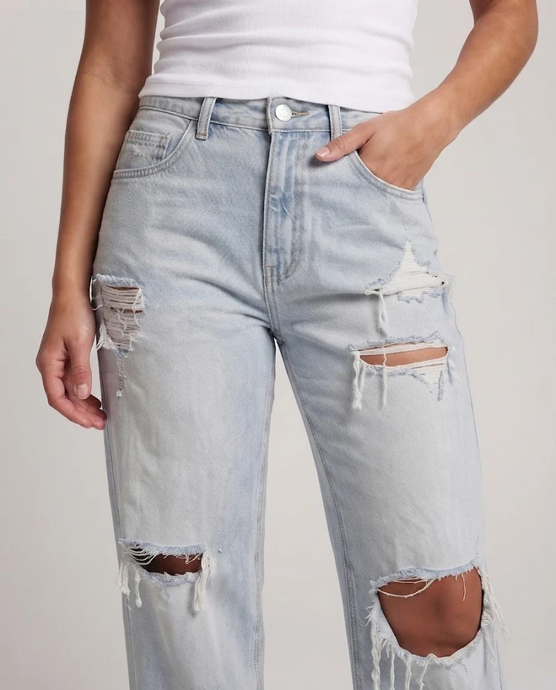Damen Weite Distressed-Jeans mit hoher Taille und großen Rissen Nord Taschen