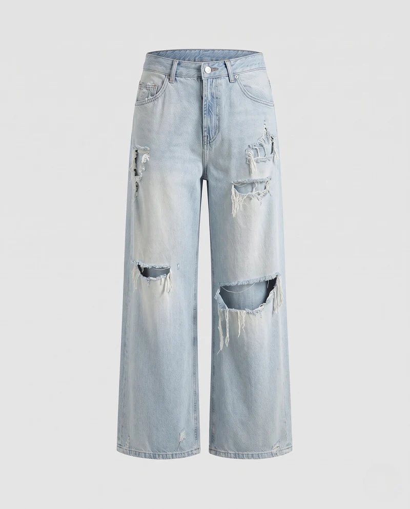 Damen Weite Distressed-Jeans mit hoher Taille und großen Rissen Nord Taschen