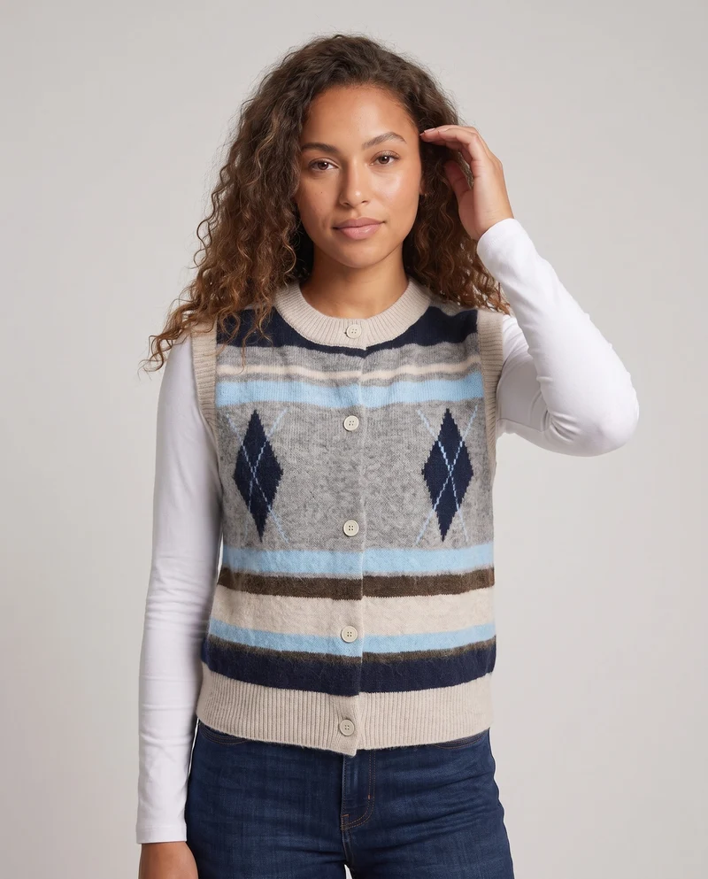 Damen Strickweste mit Knopfleiste, Argyle- und Streifenmuster, Rundhalsausschnitt Nord Taschen