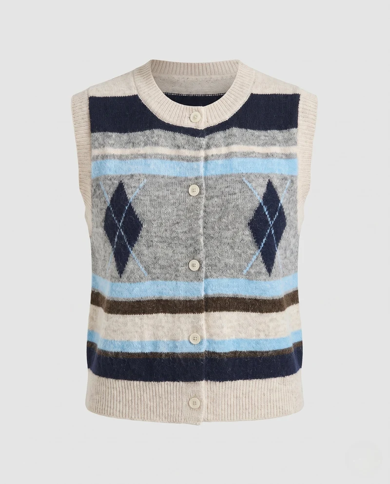 Damen Strickweste mit Knopfleiste, Argyle- und Streifenmuster, Rundhalsausschnitt Nord Taschen