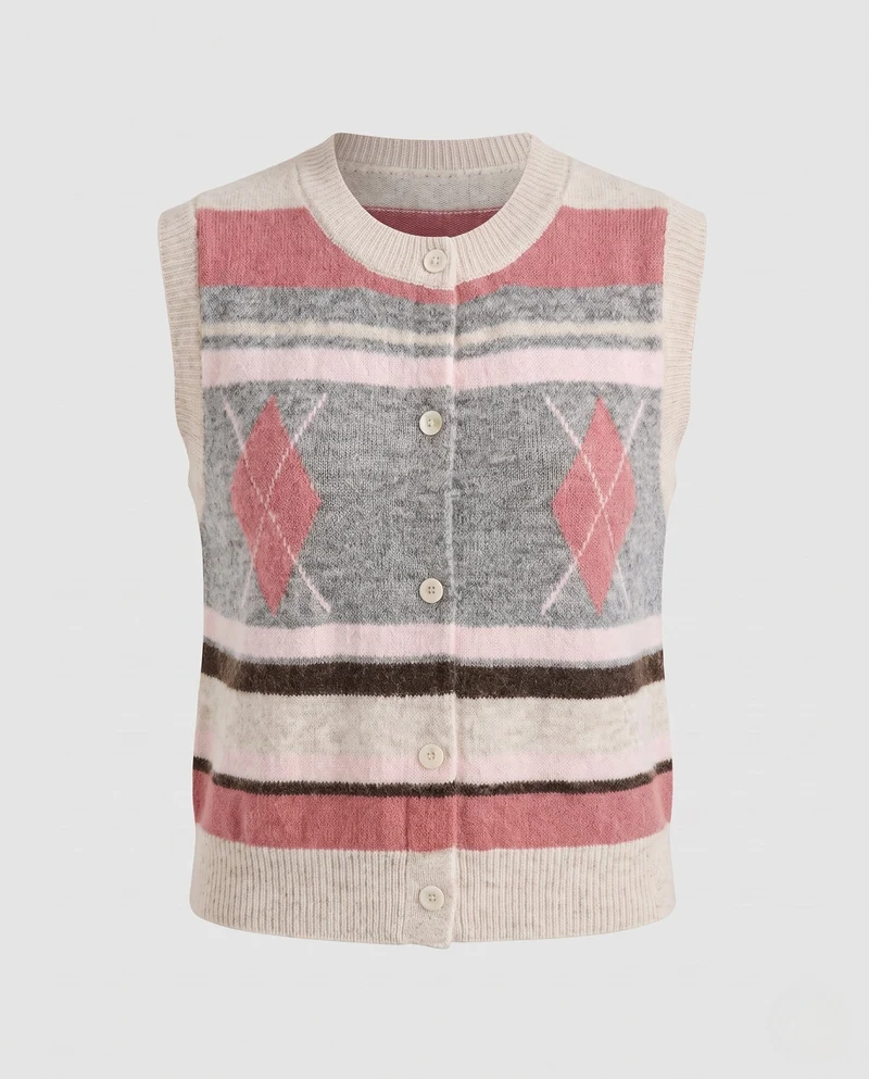 Damen Strickweste mit Knopfleiste, Argyle- und Streifenmuster, Rundhalsausschnitt Nord Taschen