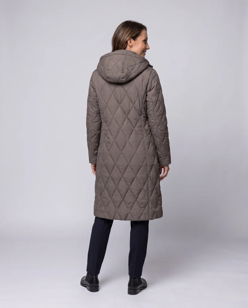 Damen Langer Steppmantel mit Kapuze, Rautensteppung und Zweiwege-Reißverschluss Nord Taschen