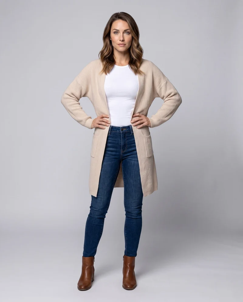 Damen Longline-Strickcardigan mit Rippenstruktur und aufgesetzten Taschen Nord Taschen